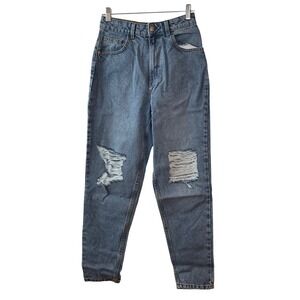 PRETTYLITTLETHING Mid Blue Wash Ripped Knee Mom Jeans Women's 4 High Waist New